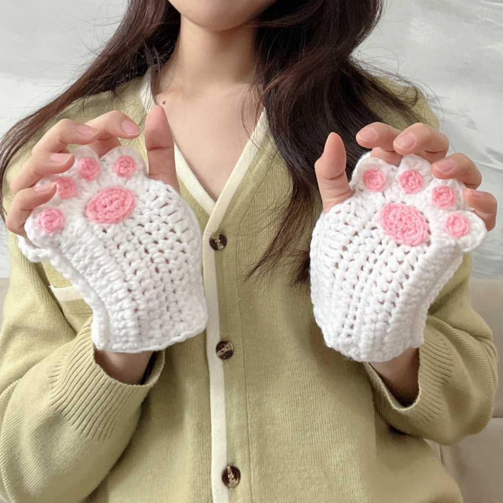 Cat's Paw Gloves Handmade Wool Woven Half Finger Finished Cute Warm Winter Gift For Girlfriend
