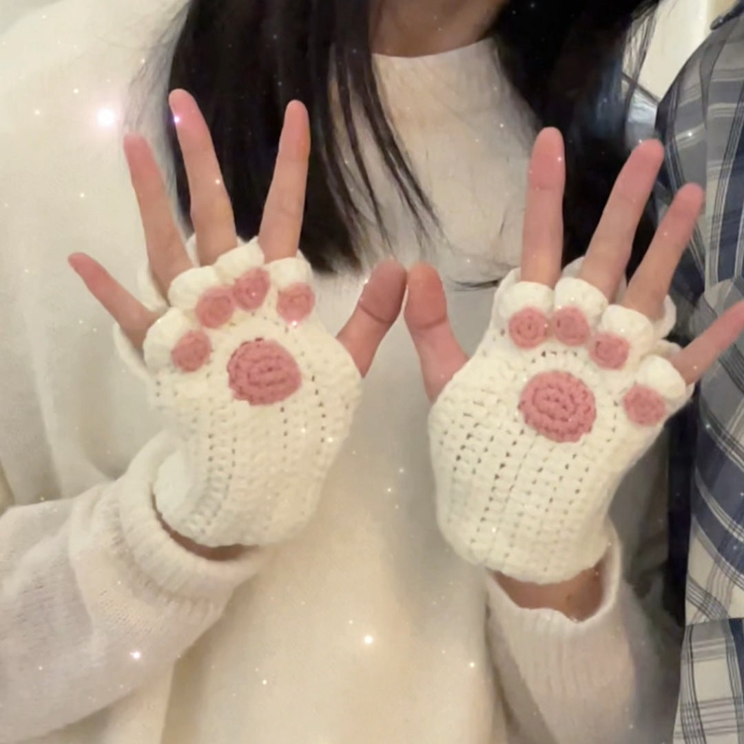 Cat's Paw Gloves Handmade Wool Woven Half Finger Finished Cute Warm Winter Gift For Girlfriend