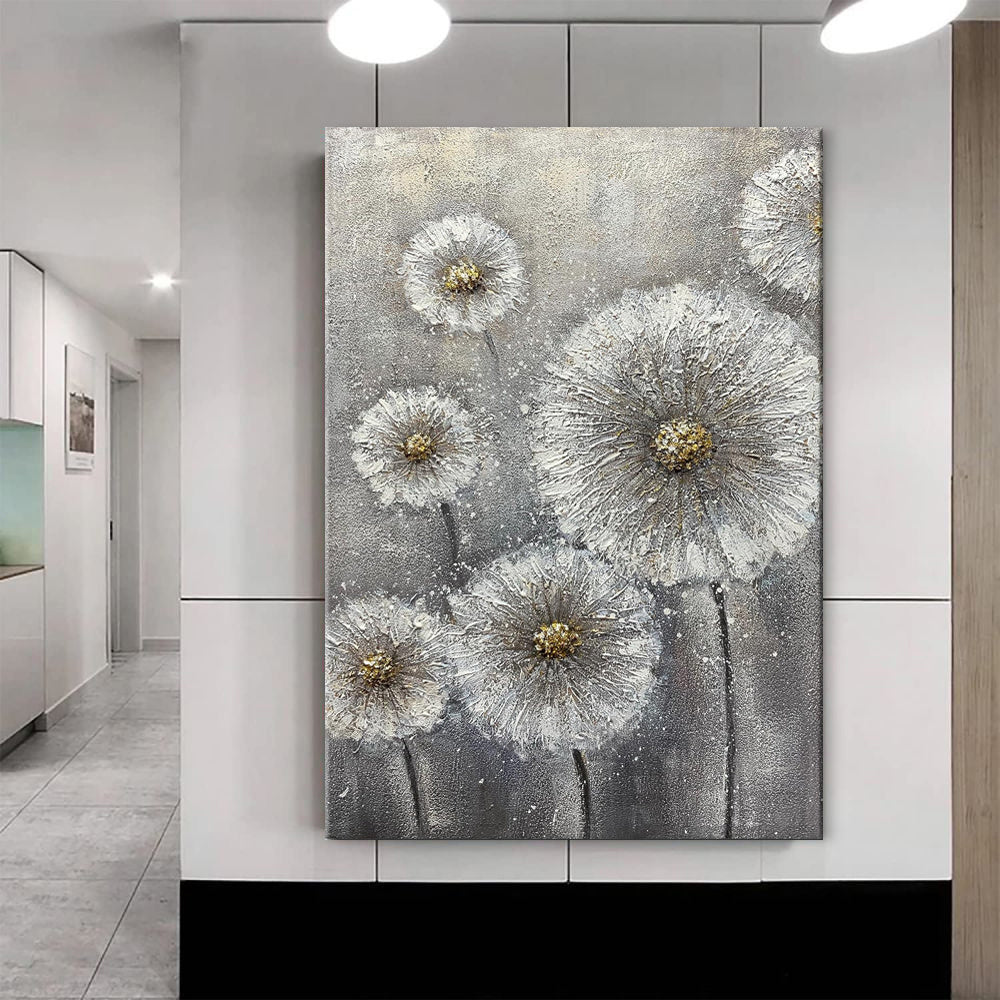 Real Handmade Texture White Flower Plant Grey Canvas Oil Paintings Large Wall Art Picture For Home Decor Painting Gift Artwork