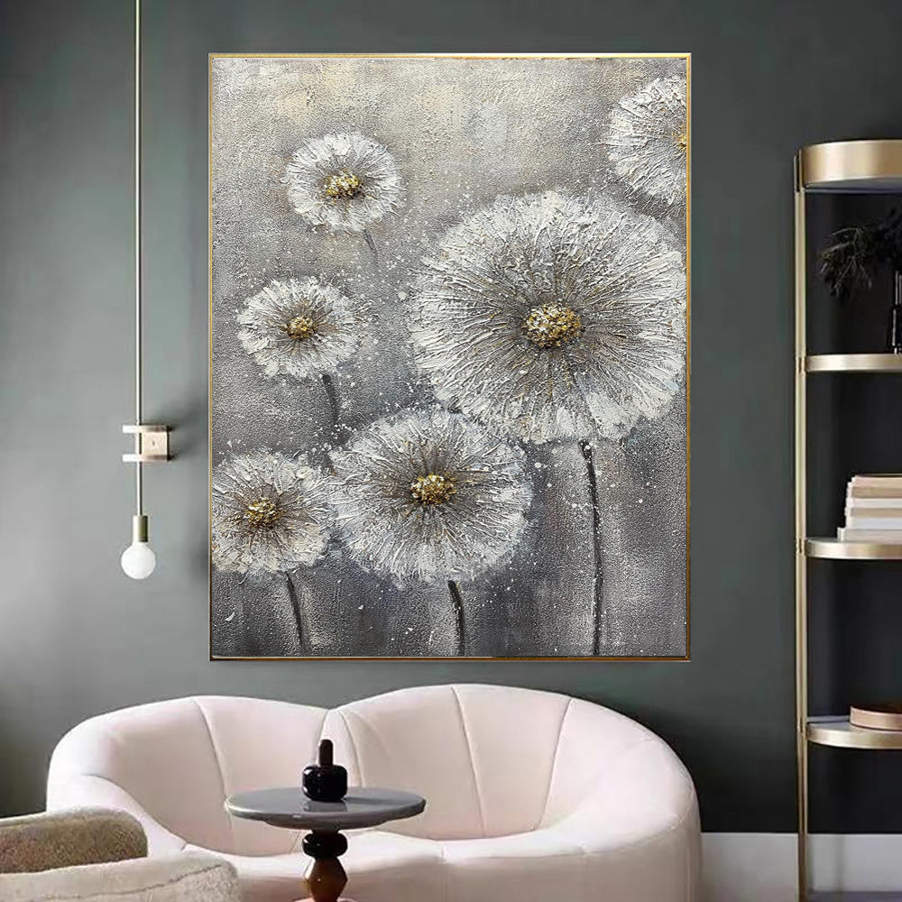 Real Handmade Texture White Flower Plant Grey Canvas Oil Paintings Large Wall Art Picture For Home Decor Painting Gift Artwork