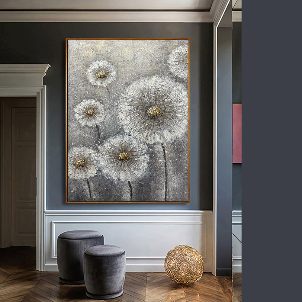 Real Handmade Texture White Flower Plant Grey Canvas Oil Paintings Large Wall Art Picture For Home Decor Painting Gift Artwork