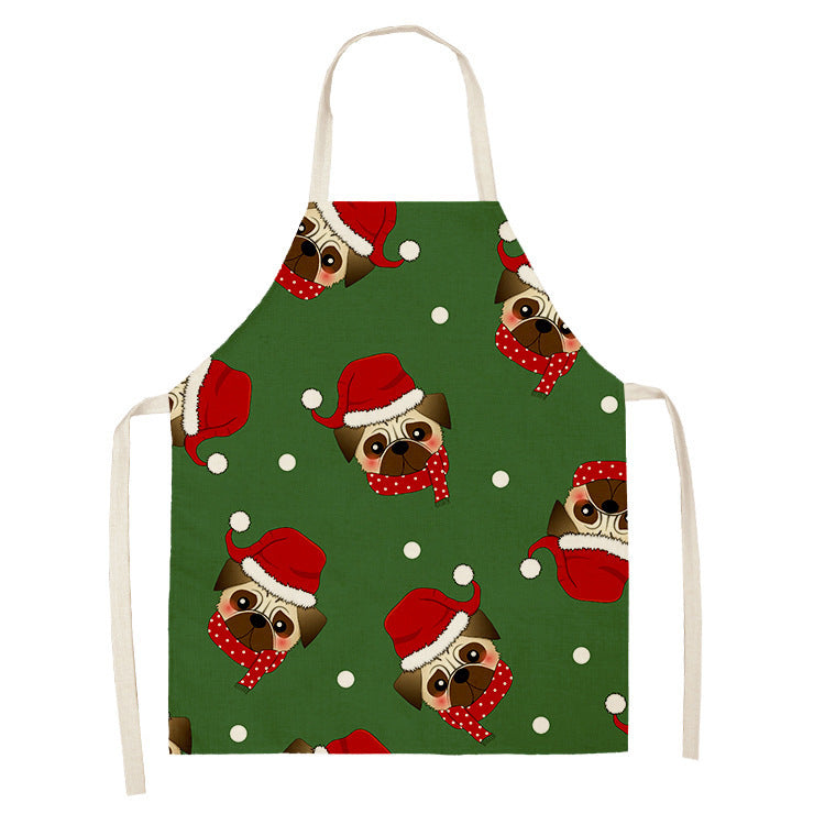 Household Green Series Christmas Dog Linen Apron Used In Kitchen