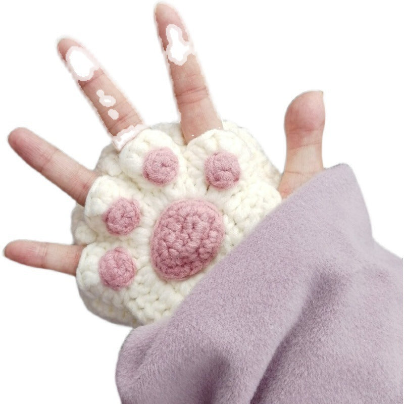 Cat's Paw Gloves Handmade Wool Woven Half Finger Finished Cute Warm Winter Gift For Girlfriend