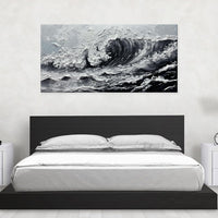 Large Gray And White Seawaves Seascape Oil Painting On Canvas Handmade Black Texture Knife Thick Wall Art For Living Room Decor Mural