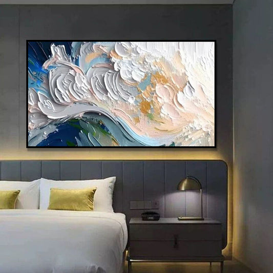 New Design Green Blue And White Seawaves Thick Canvas Handmade Oil Painting Original Abstract Beige Blue Sea Scape Wall Art Decor