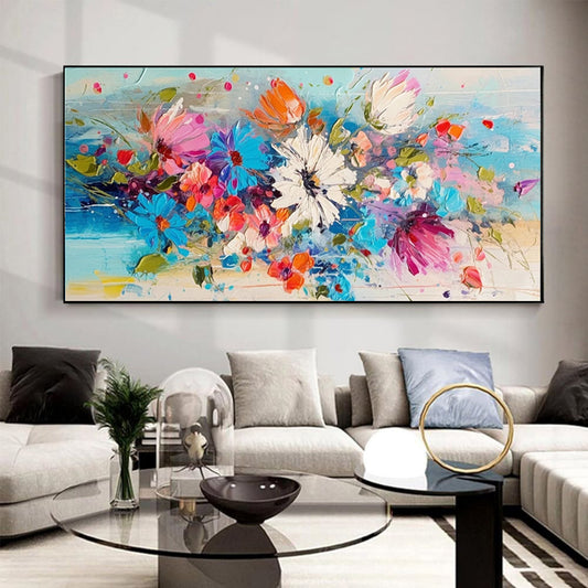 Beautiful Colorful Spring Flowers Knife Thick Oil Painting Handpainted Large Blue Florals Canvas Wall Art Modern Artwork Decor
