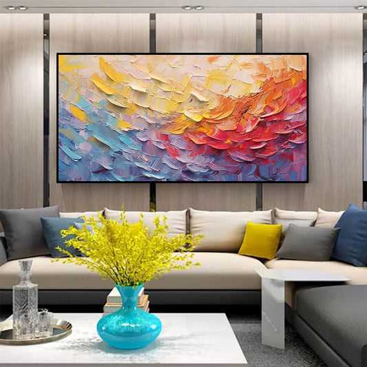 Hand Drawn Blue Red Yellow Knife Thick Flowers Oil Painting On Canvas New Special Design Colorful Blocks Artwork For Wall Decor